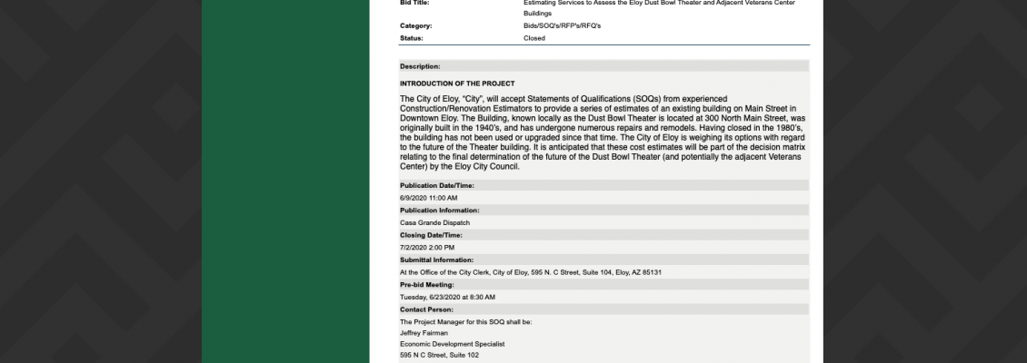 City officials announces solicitation for Bids/SOQ's/RFP's/RFQ's on Dust Bowl Project CDD-2020-02
